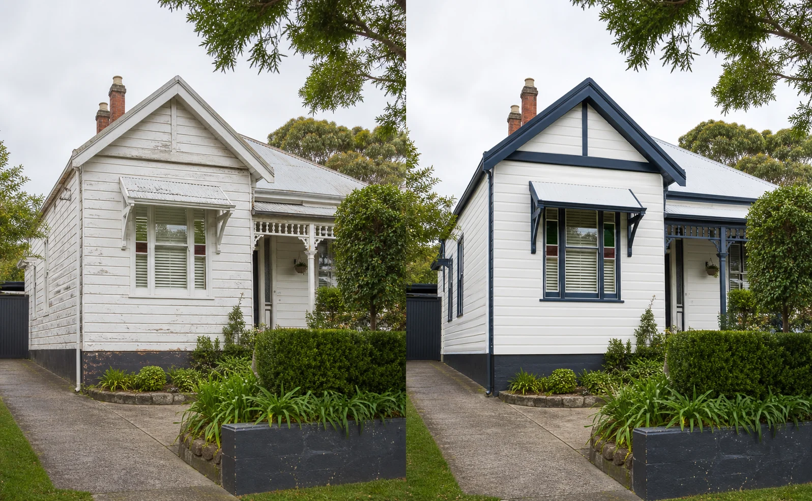 Illustrative comparison of the same weatherboard house before repainting and after a fresh white and blue-grey exterior finish