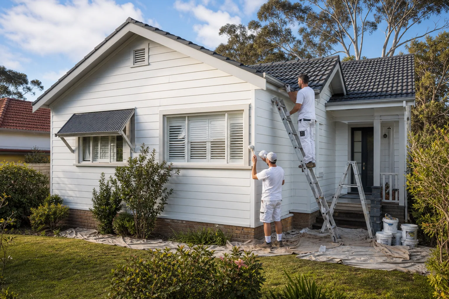 Painter finishing the exterior of a white North Shore weatherboard home