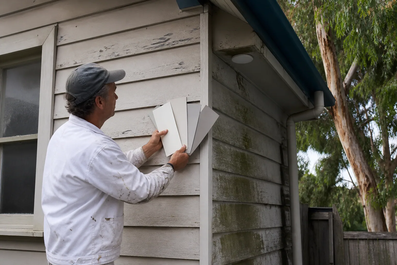 Painter checking coating samples against an exposed weatherboard wall