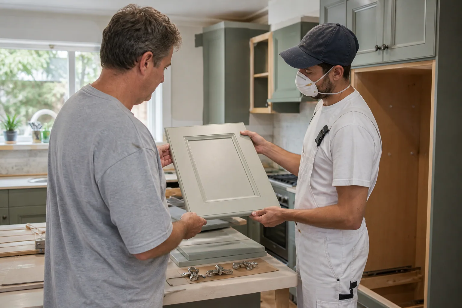 Homeowner comparing a refinished cabinet door with existing cabinetry