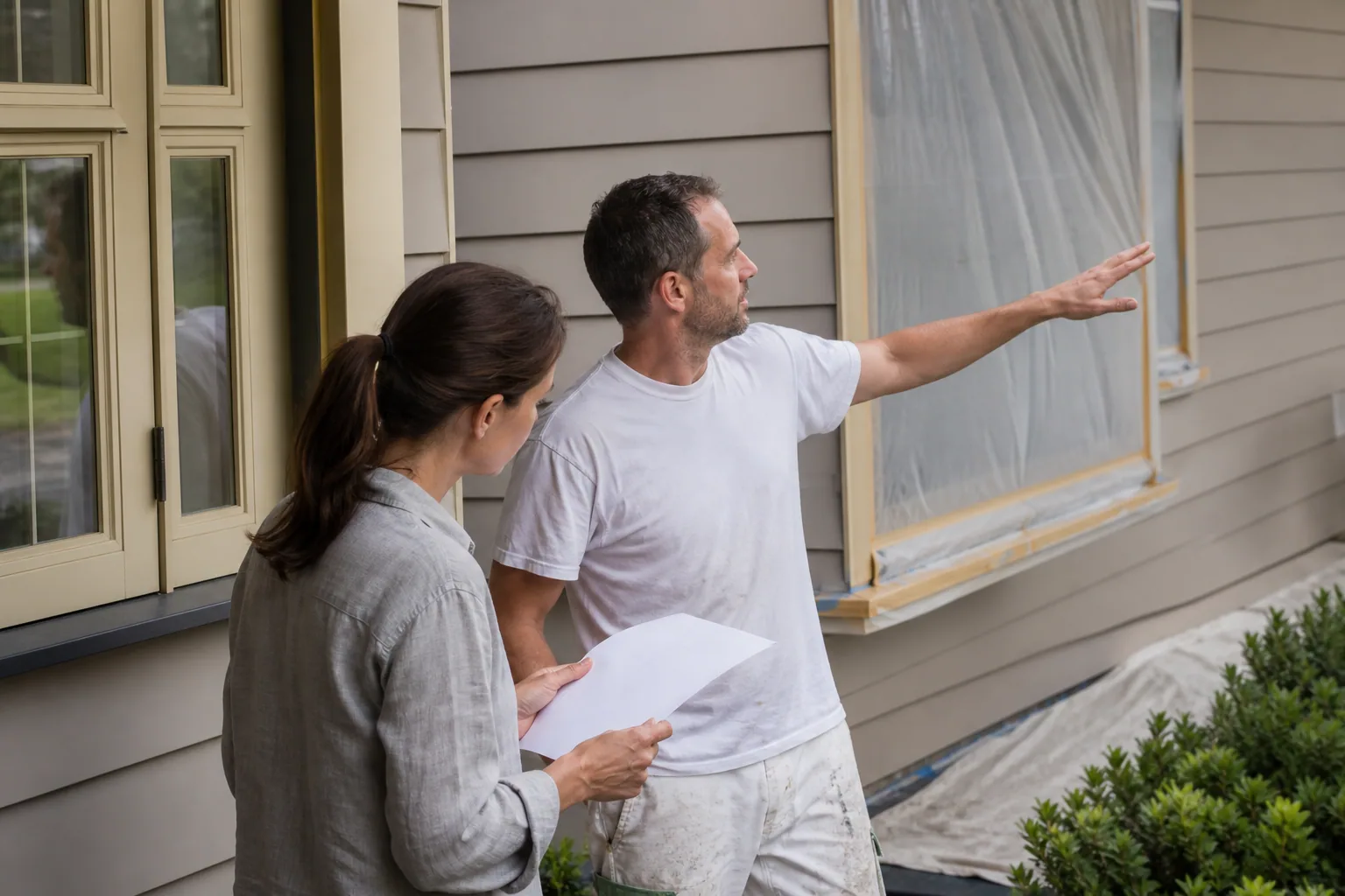 Homeowner discussing preparation with a professional painter