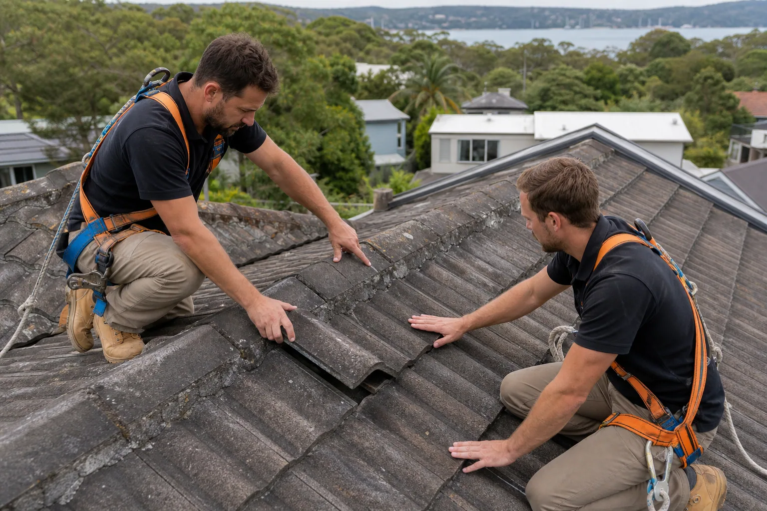 Roof tradespeople inspecting tiles and ridge pointing