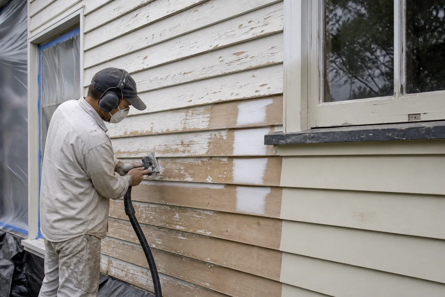 Painter restoring failed coatings on old weatherboards