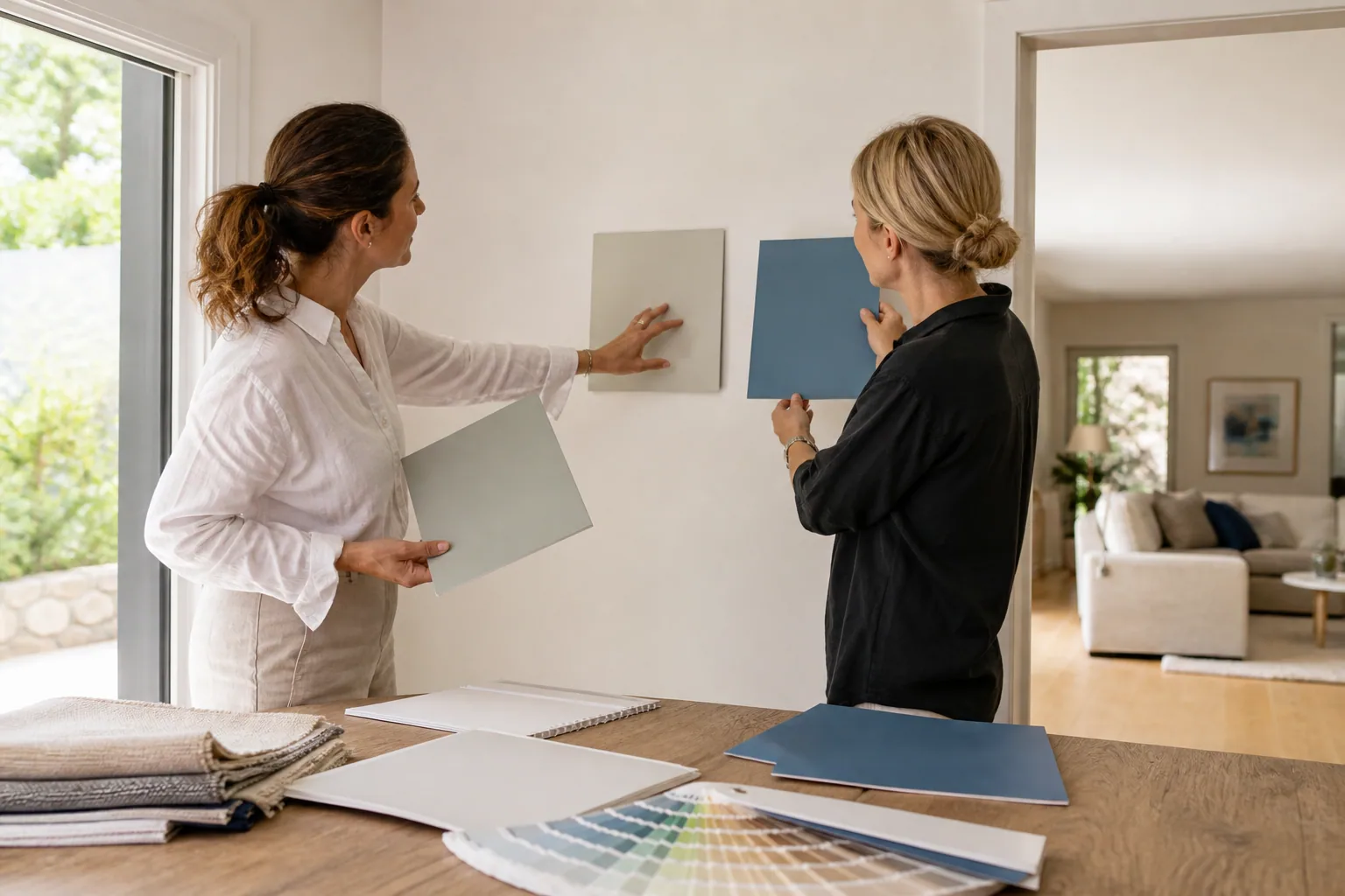 Homeowner and colour consultant comparing paint samples