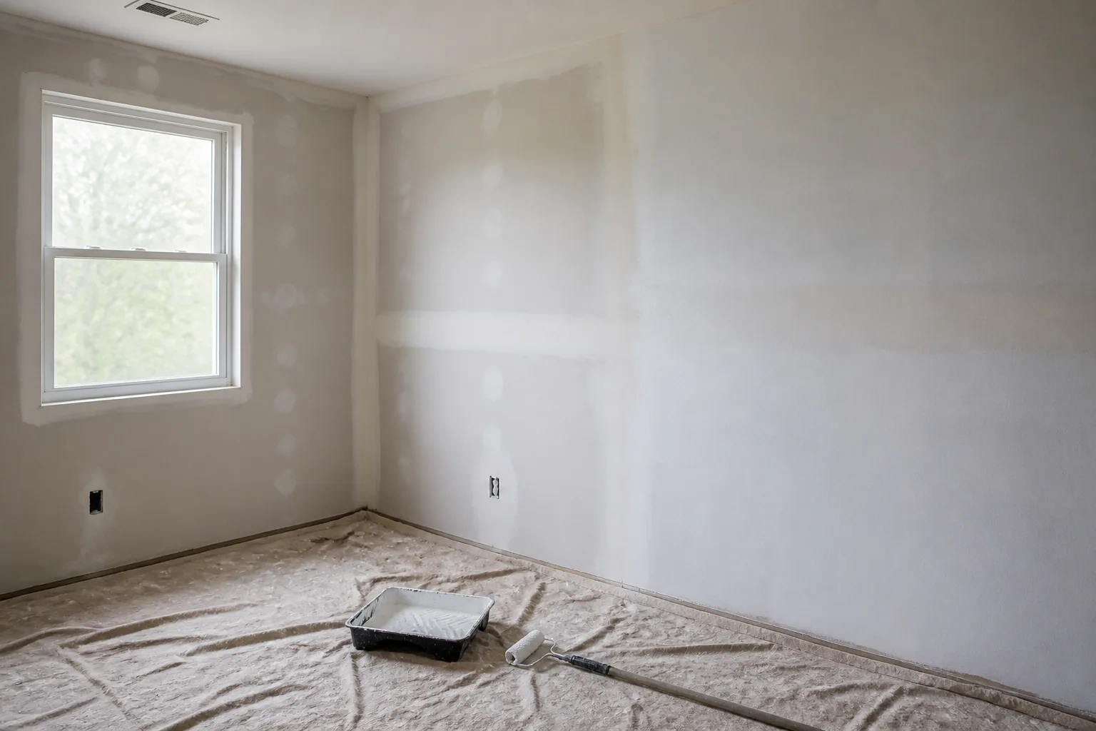 Prepared plasterboard wall receiving a primer coat
