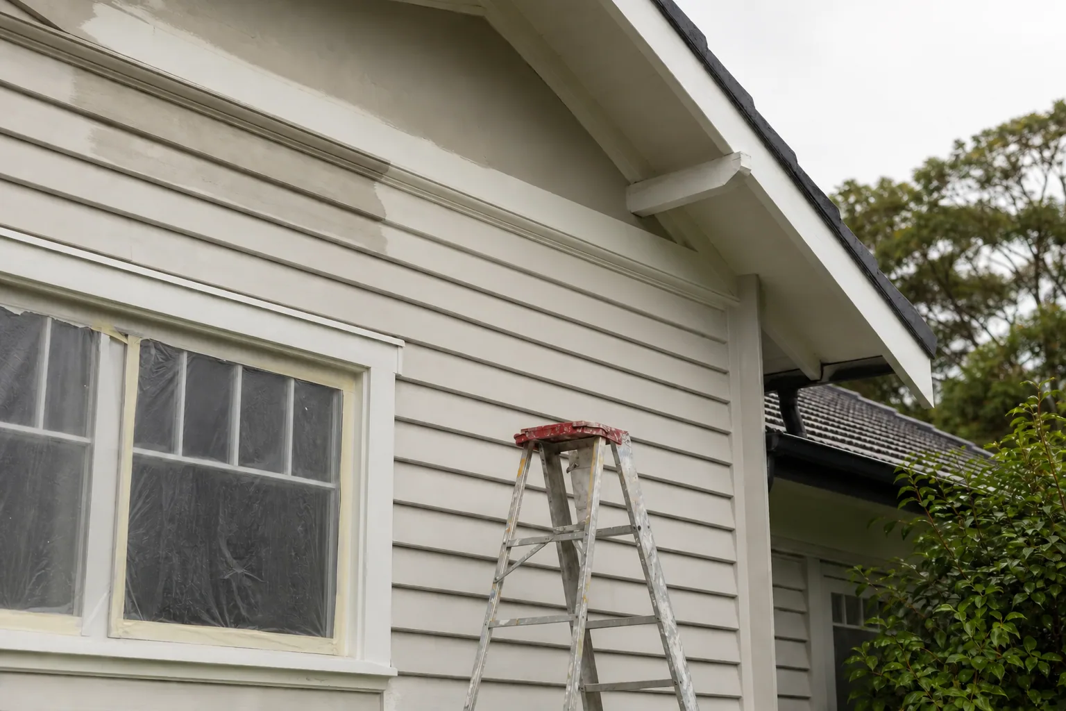Prepared weatherboards and ladder during an exterior repaint
