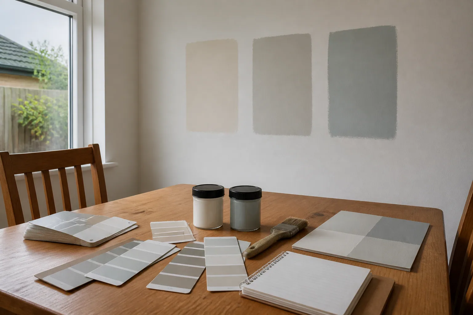Paint samples and test patches arranged in an Auckland home