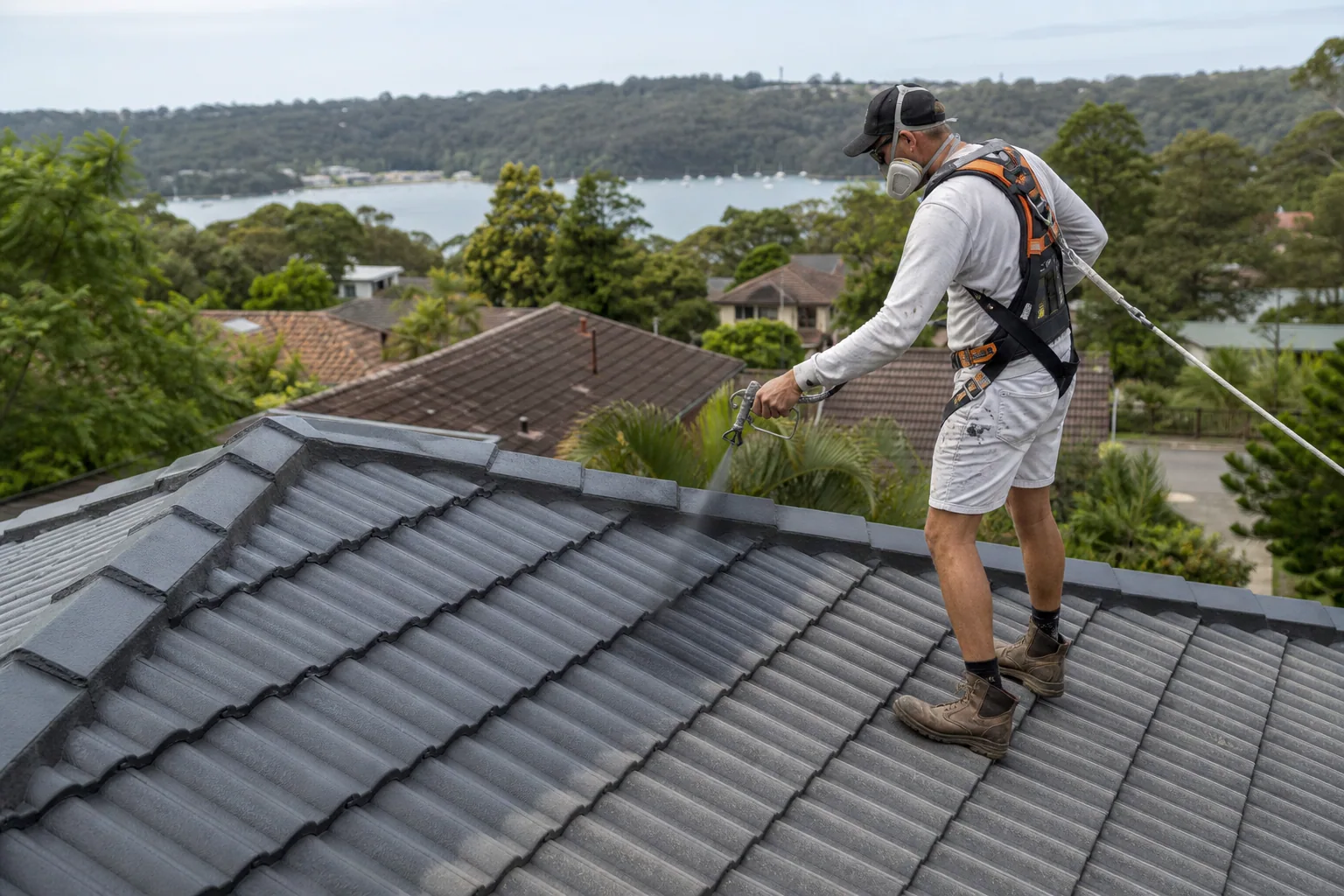 Roof painter applying a charcoal coating with fall protection