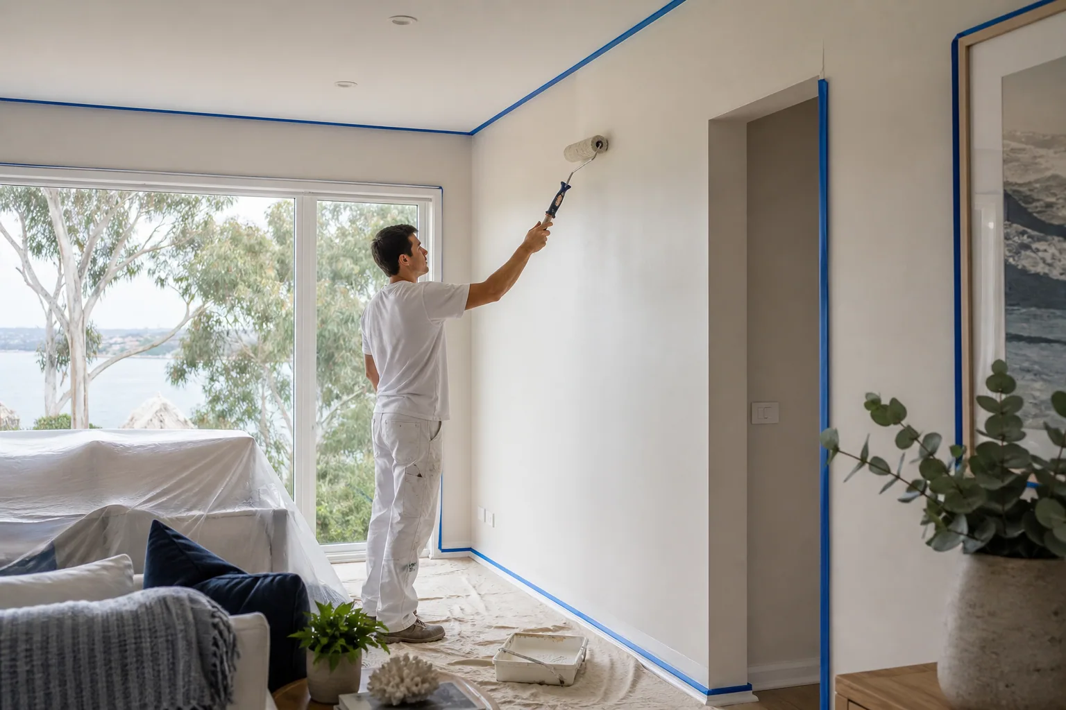Interior wall painting with floors and furniture protected